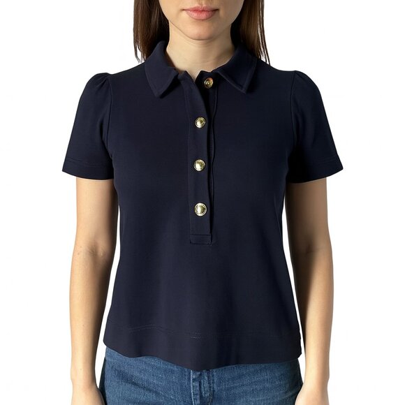 ME+EM Puff Sleeve Polo Top Navy Gold Button Short Sleeve Blouse US 2 - Picture 1 of 8